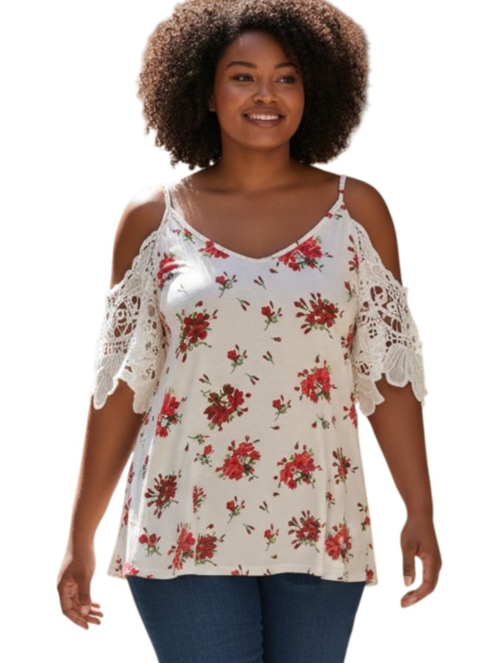 TFSDOD Cream Floral Cold-Shoulder Camisole with Lace Sleeves